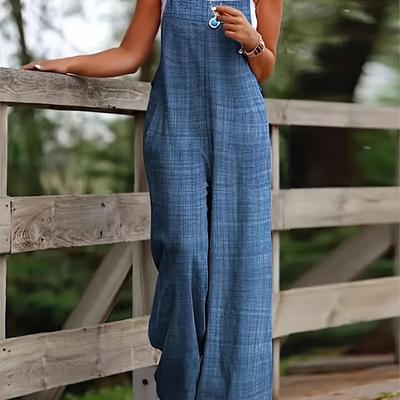 TEMU Women's Casual Wide-leg Overalls - Green Polyester Jumpsuit With Pockets, Machine Washable, Ideal For All Image
