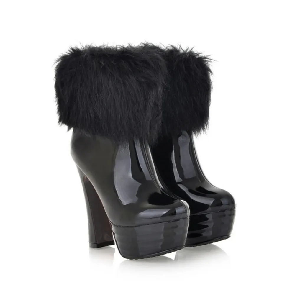 QPLYXCO Stiefeletten für Damen, sexy High Heels, Innenreißverschluss, Lackleder, Fell, warme Plattform, Schneestiefel, Übergröße 50, 51, 52, M-911