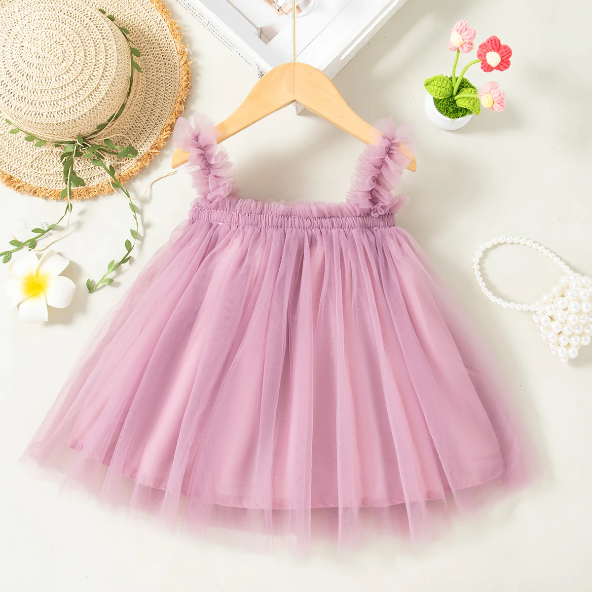 Sommer Neue Mädchen Kleid Halter Mesh Plissee A-line Kleid Hochzeit Blume Kind Kleid Geburtstag Party Team Kleid Einfarbig Image