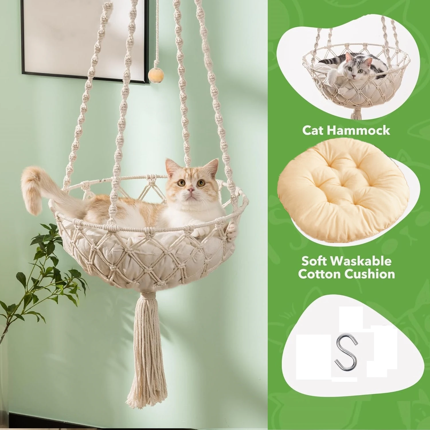 Katzenhängematte zum Aufhängen, Katzenbett, Hängematte, handgewebte Quaste, Boho-Katzenschaukelbett mit Baumwollmatte zum Schlafen, Spielen, Klettern, Faulenzen Image