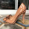 Tikicup Nude Bowknot Frauen Sexy Spikes Patent Stiletto Pumps Spitze Zehen Slip Auf 8cm 10cm 12cm Hohe ferse Schuhe Plus Größe 33-45