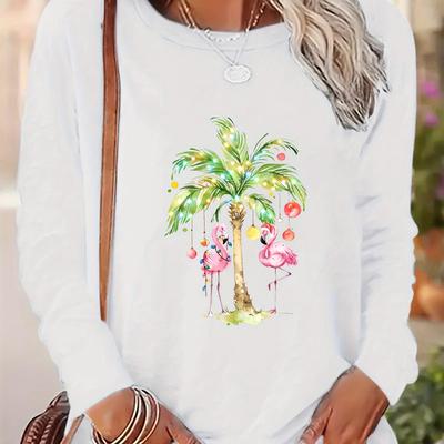 TEMU Women's Tropical Flamingo Print Long Sleeve T-shirt, 100% Polyester Crew Neck Casual Top, Christmas Graphic Applique, Knit Fabric, All , 180g/m² - Spring & Fall Fashion Image