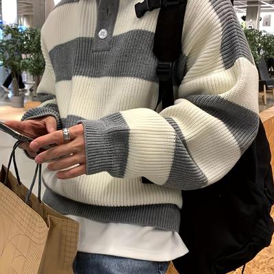 TEMU Si Jidou Obm Autumn And Winter Men's Color Knitted Sweater, Turned Collar Long Sleeve Knitted Color Matching Casual Suit Men's Sweater