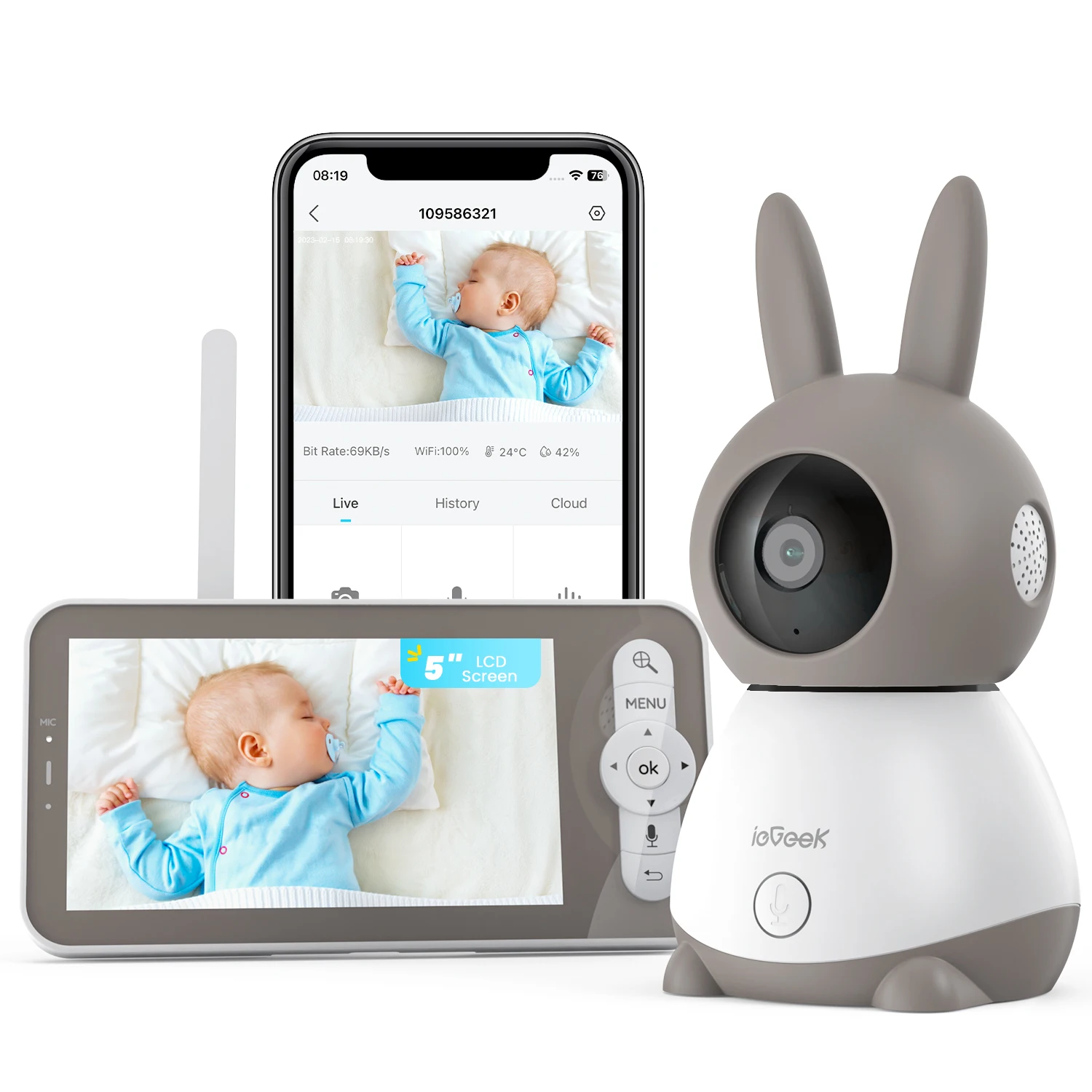 ieGeek 5" 2K/3MP Babyüberwachungskamera, 360 ° PTZ-Babyphone mit Kamera und Dual-Screen-Vorsicht, Bewegungserkennung Image