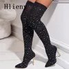 Hlieny Größe 35-43 Fashion Runway Kristall Stretch Stoff Socke Über-die-Knie Boot Oberschenkel Hohe Hingewiesen kappe Frau Stiletto Ferse Schuhe