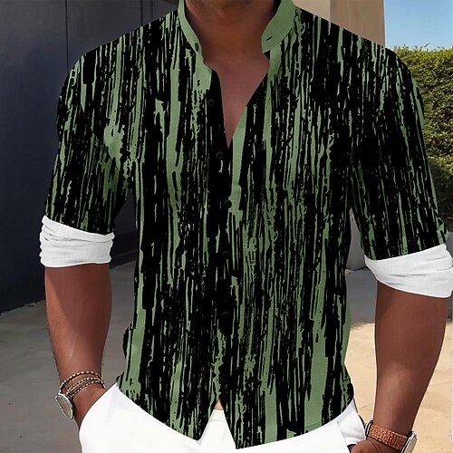 Herren Linie Kleidhemd Knopfhemd Langarm Lässig Urlaub Heim Täglich Sommer Frühling Herbst Großvaterkragen Stehkragen 3D-Druck Schwarz Blau Braun Grün Image