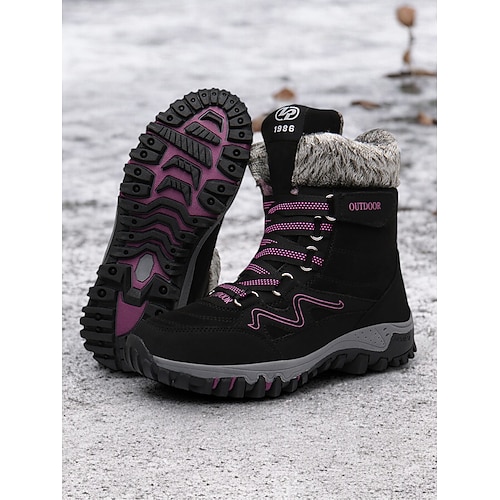 Wasserdichte Winterwanderstiefel für Damen – isolierte Schneestiefel zum Schnüren mit Kunstpelzkragen für Abenteuer im Freien Image