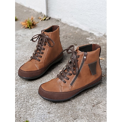 Braune Damen-Stiefeletten zum Schnüren mit seitlichem Reißverschluss - lässiges Kunstleder-Design, bequeme Sohle, perfekt für den Alltag im Herbst und Winter Image