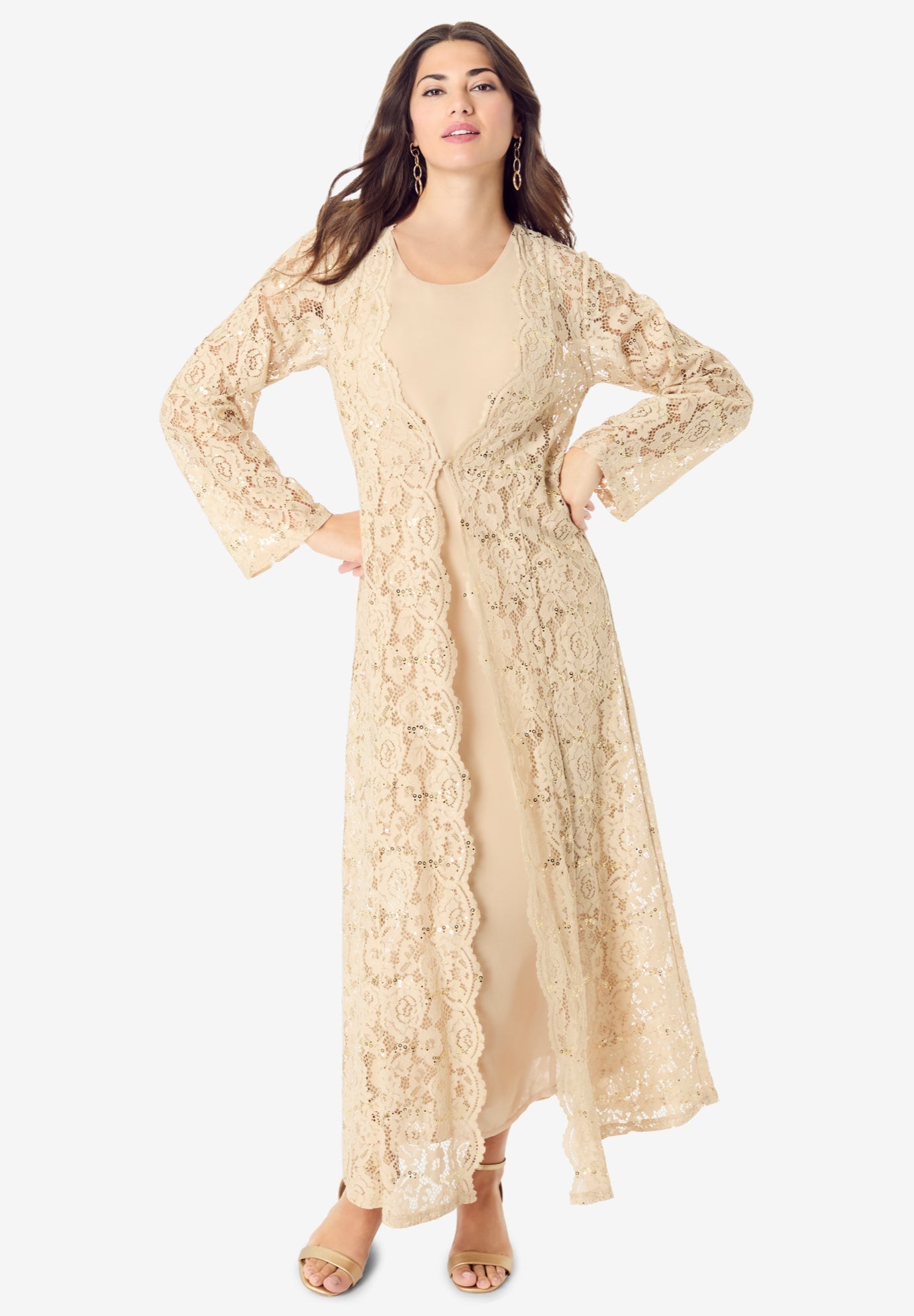 Plus Size Women's Lace Jacket Maxi Dress Set by Roaman's in Sparkling Champagne (Size 34 W)