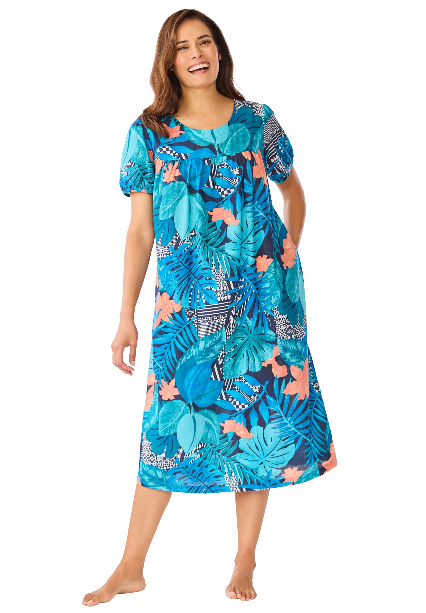 Plus Size Women's Short Print Shirred Lounger by Only Necessities in Paradise Blue Tropical Geo (Size 4X)