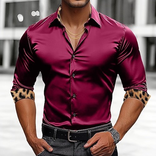 Per uomo Camicia Camicia in raso Camicia casual Camicia con Bottoni Leopardo Matrimonio Vacanza Nero Bianco Vino Verde Manica Lunga Bavero Primavera Autunno Abbigliamento Patchwork