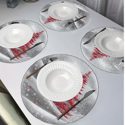TEMU 4pcs Christmas Round Placemats - Red Christmas Tree With Snowflakes & Stars Design, 15x15 Inch Linen Table Mats For Holiday Dining, Kitchen, Party Decor - Machine Washable Image