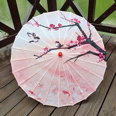 TEMU 1pc Chinese Flowers Parasol Umbrella, Silk Cloth Rainproof Stick Umbrella, Cherry Sakura Floral Bamboo Umbrella For Weddings Party Decoration, Sun Protection Image