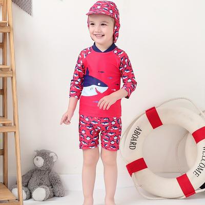 TEMU Children's Swimsuit, Boys' Red Shark Swimsuit With Hat Set, Beach Sun Protection, Hot Play, Swimming