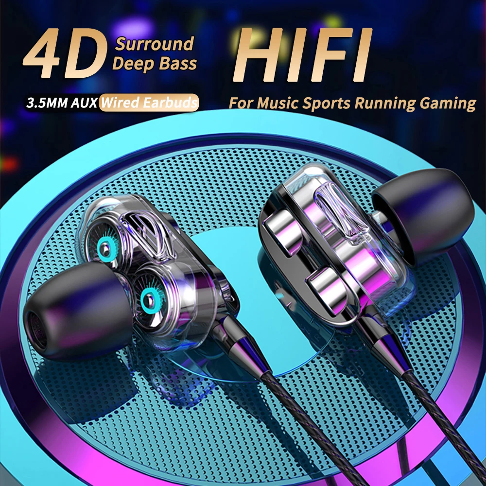 Cuffie cablate da 3,5 mm con cancellazione del rumore Auricolari sportivi in-ear Doppio driver Cuffie da gioco stereo per bassi Auricolari musicali HiFi con microfono