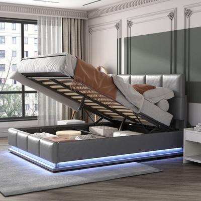 Doppelbett Polsterbett 140x200 cm, hydraulisches Boxspringbett mit LED-Beleuchtung, viel Stauraum, Image