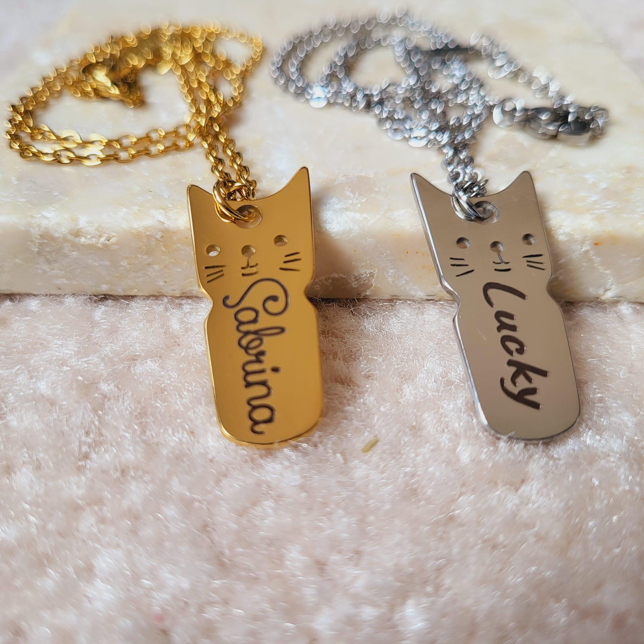 Personalisierte Katzen Halskette | Katzen Gesicht Anhänger | Katzen Name Halskette | Halskette mit Anhänger, Silberkette für Liebhaber von Schmuck, Ge