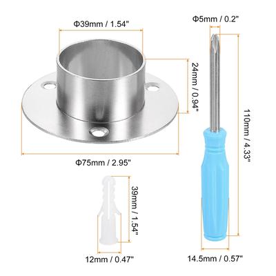 Stainless Steel Closet Rod Holder Set Thickened Flange Socket Bracket - Silver Tone