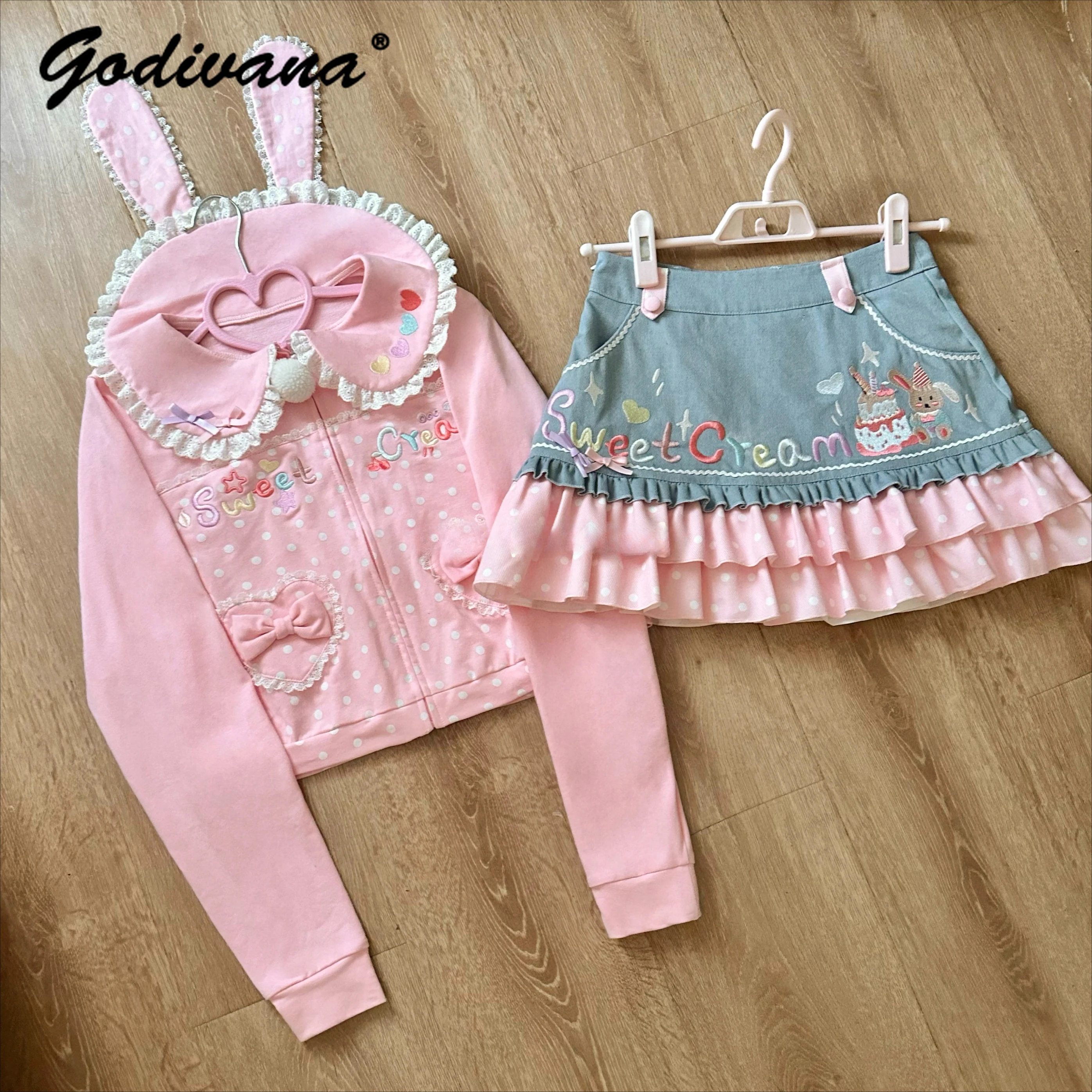Original Tochter Kleidung Set Neue Frühling und Herbst Mädchen Nette Süße Rabbitear Rosa Dot Zipper Kurze Top Stickerei Denim Rock Image