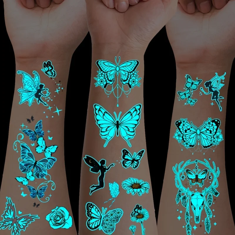 12 Blatt Schmetterling leuchtende temporäre Tätowierung blau im Dunkeln leuchtende Tattoo-Aufkleber für Frauen Hände Gesicht Tattoo Musik Party Dekor Image