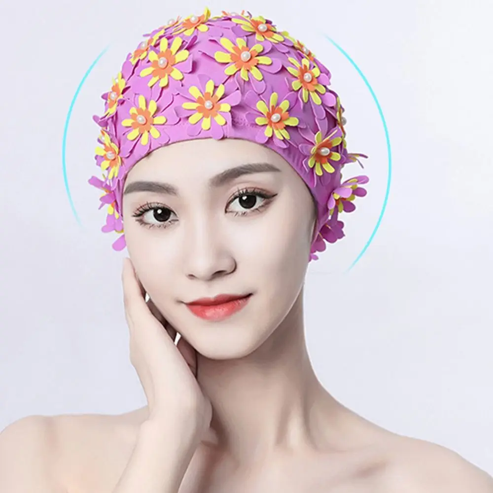 Bonnet de bain léger avec perles et pétales floraux, cheveux longs, style vintage, pour sports nautiques