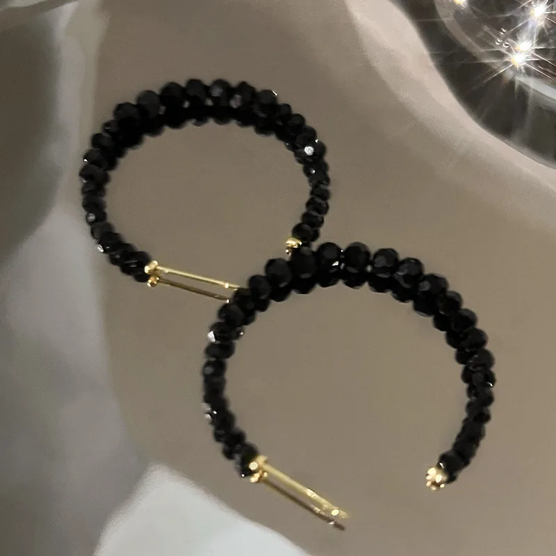 Neue Mode Einfache Trend Runde Schwarz Kristall Hoop Ohrringe Geometrische Ohrringe Frauen Elegante Exquisite Schmuck Geschenke Großhandel Image
