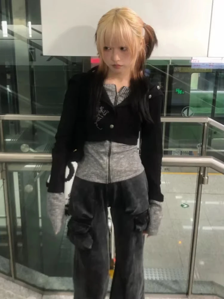 Gothic japanische Y2k gefälschte zweiteilige gestrickte Top 2000er Jahre Vintage Kapuzenjacke Vintage Harajuku Strickwaren Grunge Ästhetik amerikanisch