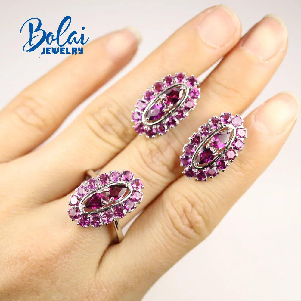 Bolaijewelry, 925 sterling silber mode natürliche rhodolith ring und ohrring set, für jahrestag, party tragen feinen schmuck Image