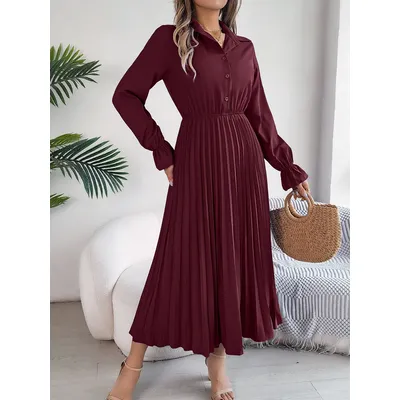 Spring Summer Long Dresses for Women Casual Solid Color Polo Neck Button Flare Long Sleeve pleated Dresses Red Green Blue