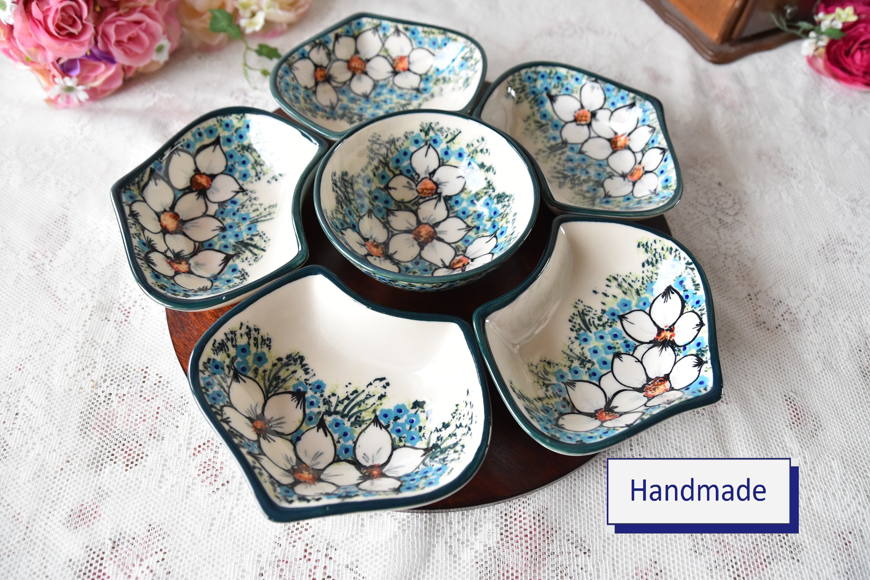 Set di grandi ciotole per salse in ceramica polacca Lazy Susan per la tavola con decorazioni dipinte a mano, set di ciotole per antipasti fatte a mano