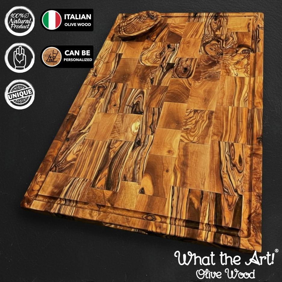 WTA! Olive Wood «The Block» | Tagliere in legno d'ulivo + ciotole per salse | Fatto a mano | Tagliere, tagliere in legno con scanalatura per il succo