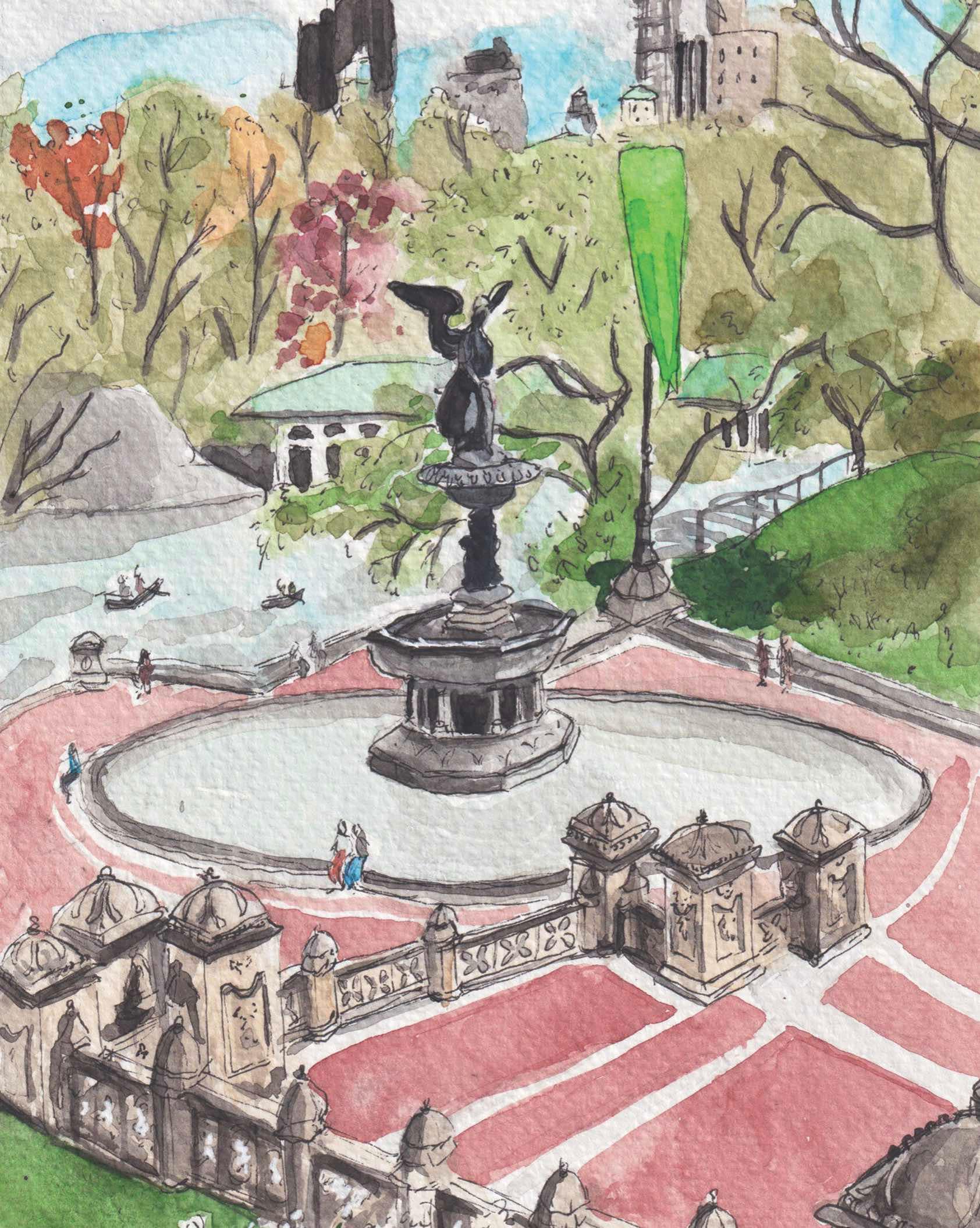 Fontana di Bethesda, stampa di Central Park, arte murale di Central Park, dipinto di Central Park, stampa ad acquerello di New York, opera d'arte di N