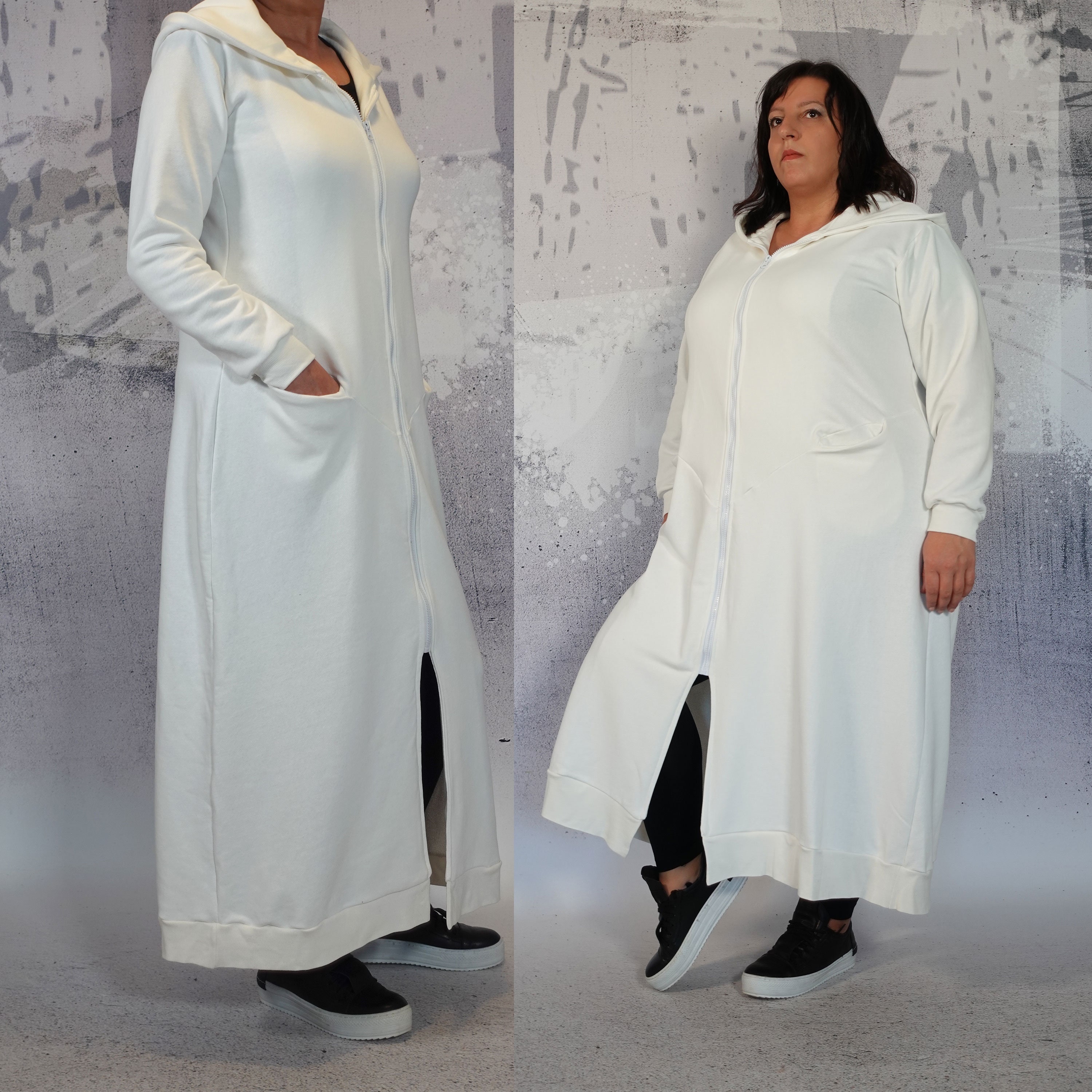 Felpa, Felpa in cotone bianco, Felpa extra lunga, Felpa con cappuccio lunga, Felpa con cappuccio a maniche lunghe, Felpa alla caviglia, Felpa con capp