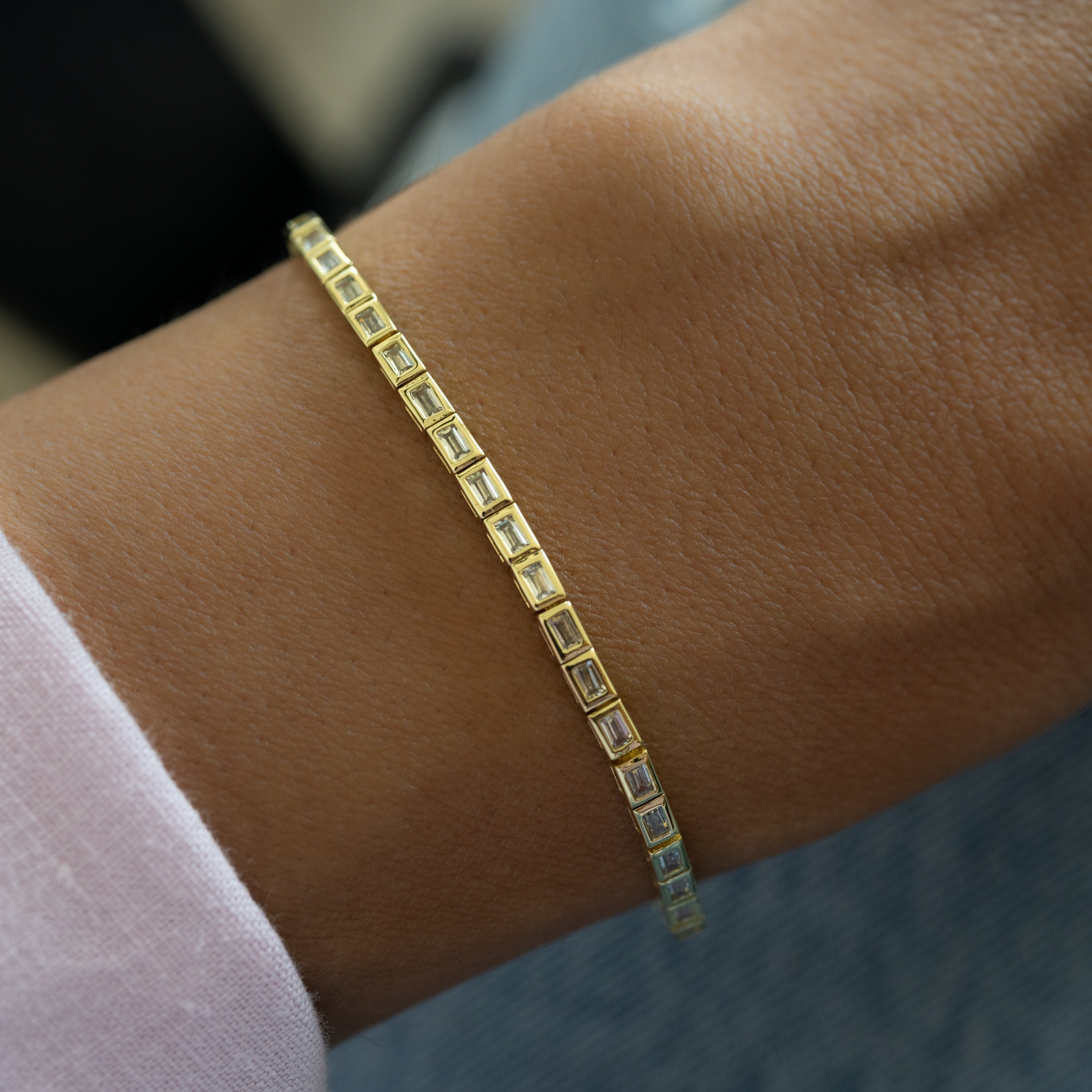 Bracciale tennis baguette, bracciale tennis in oro, bracciale in argento, bracciale con diamanti, bracciale delicato, regalo per lei, bracciale tennis