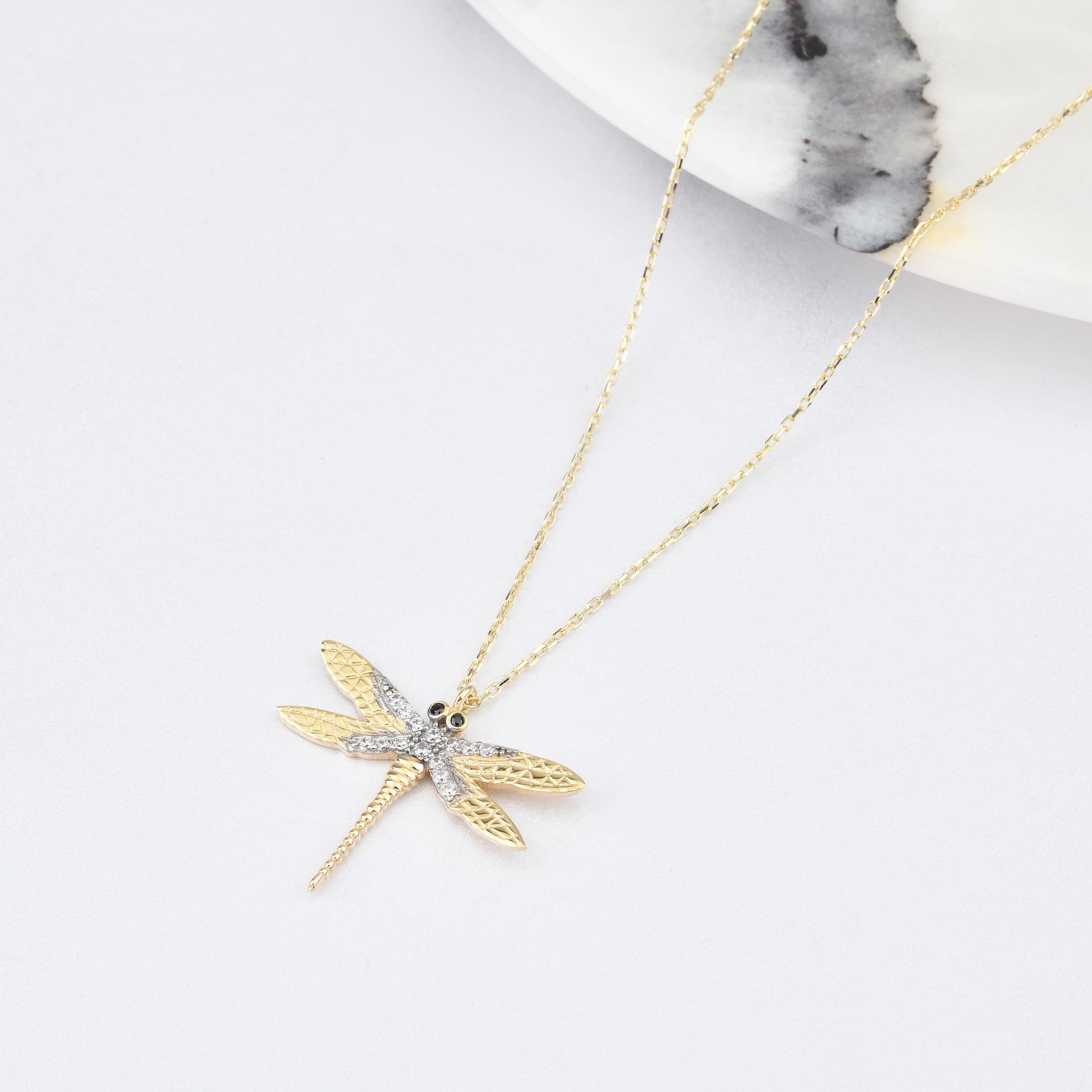 Collana con libellula in oro 14 carati, collana con libellula in oro, collana con libellula, collana con lucciola, collana con ciondolo con libellula,