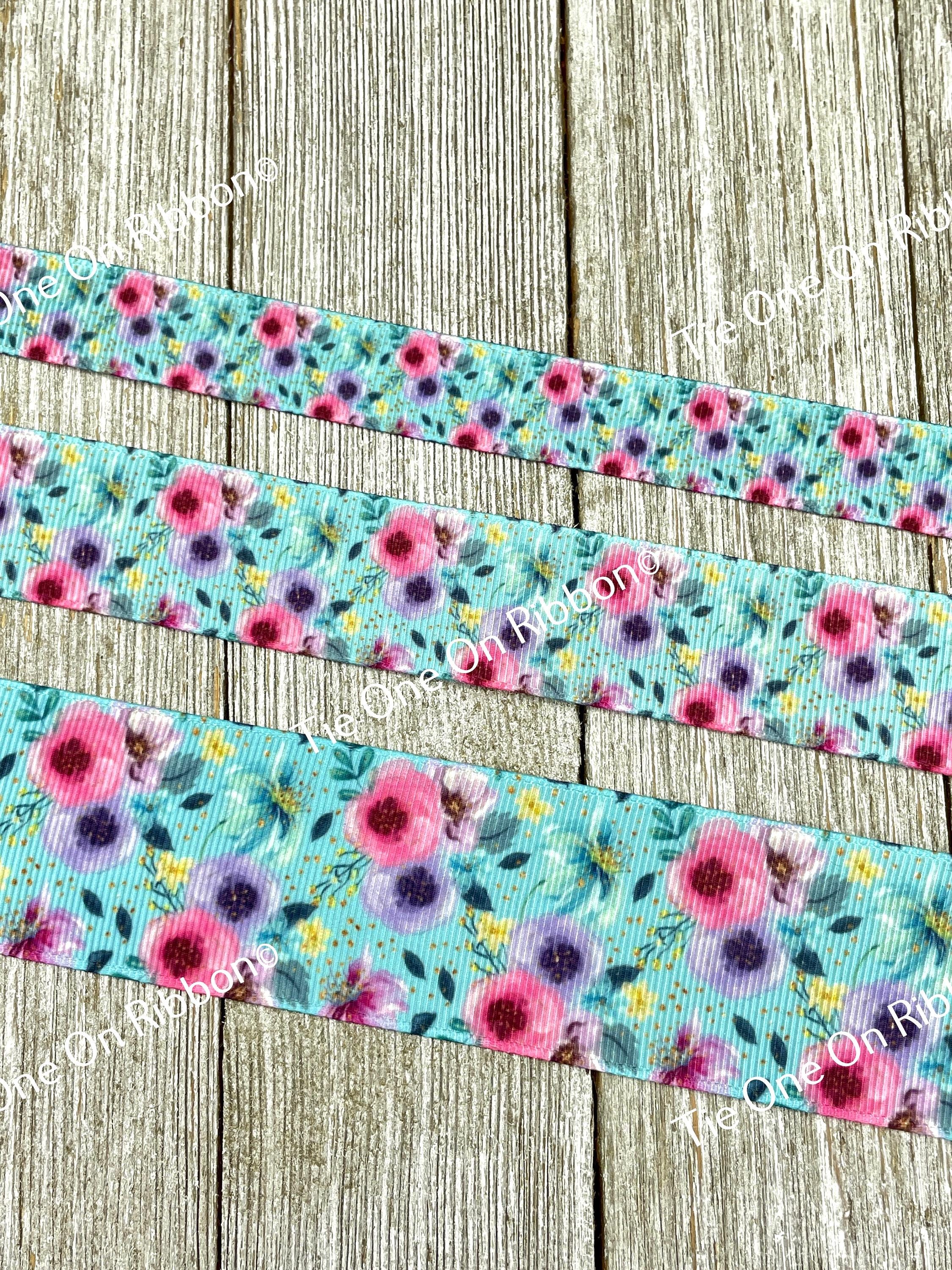 "Nastro grosgrain stampato con fiori rosa e viola su sfondo color acqua - 5/8\" - 1\" - 1,5\" - Cucito - Artigianato - Decorazione - Fiocco - Nastro flore"