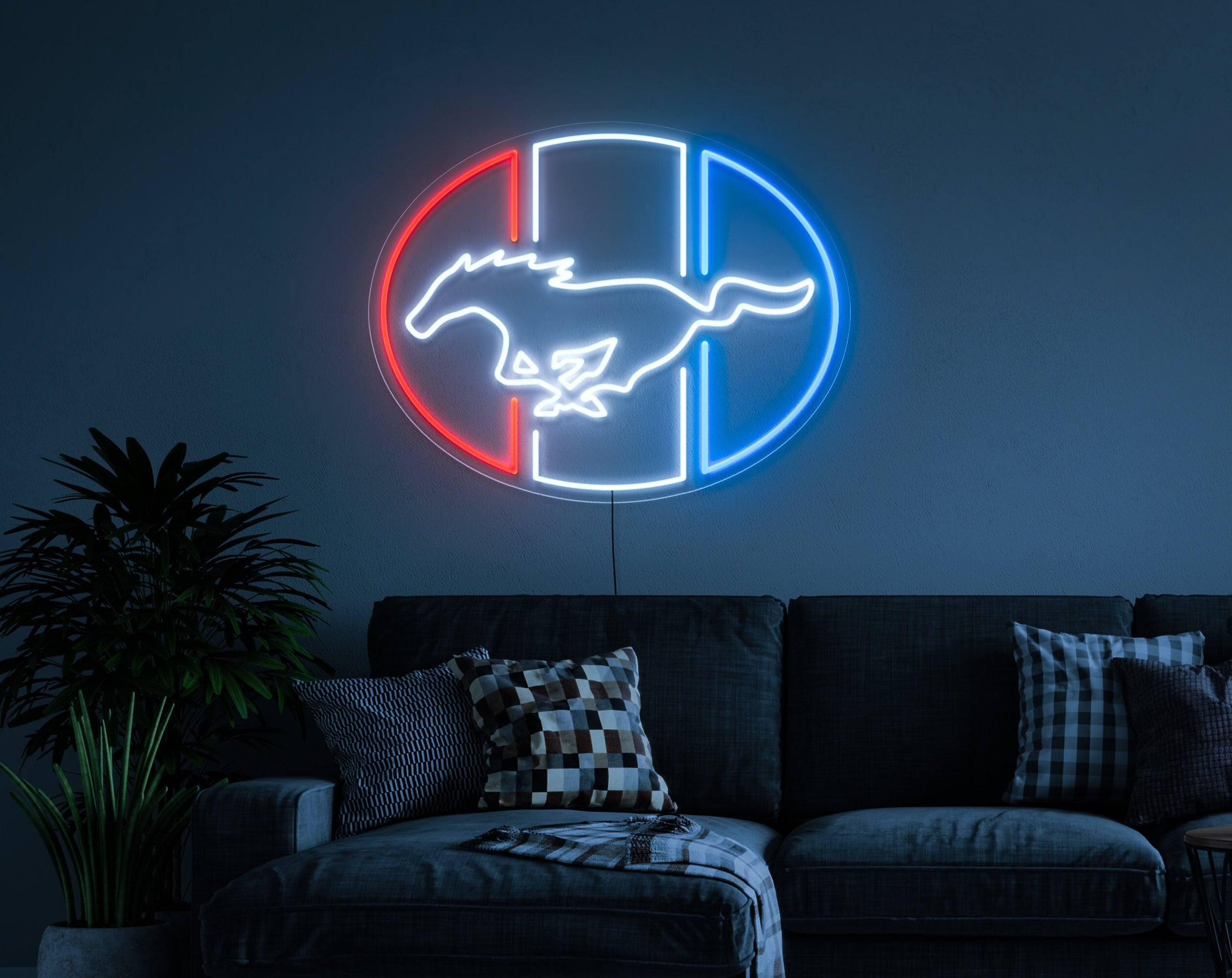 Insegna al neon Ford Mustang, insegna a led per cavalli Mustang, insegna al neon Mustang, luce a led Mustang, arte da parete con logo Mustang, insegna