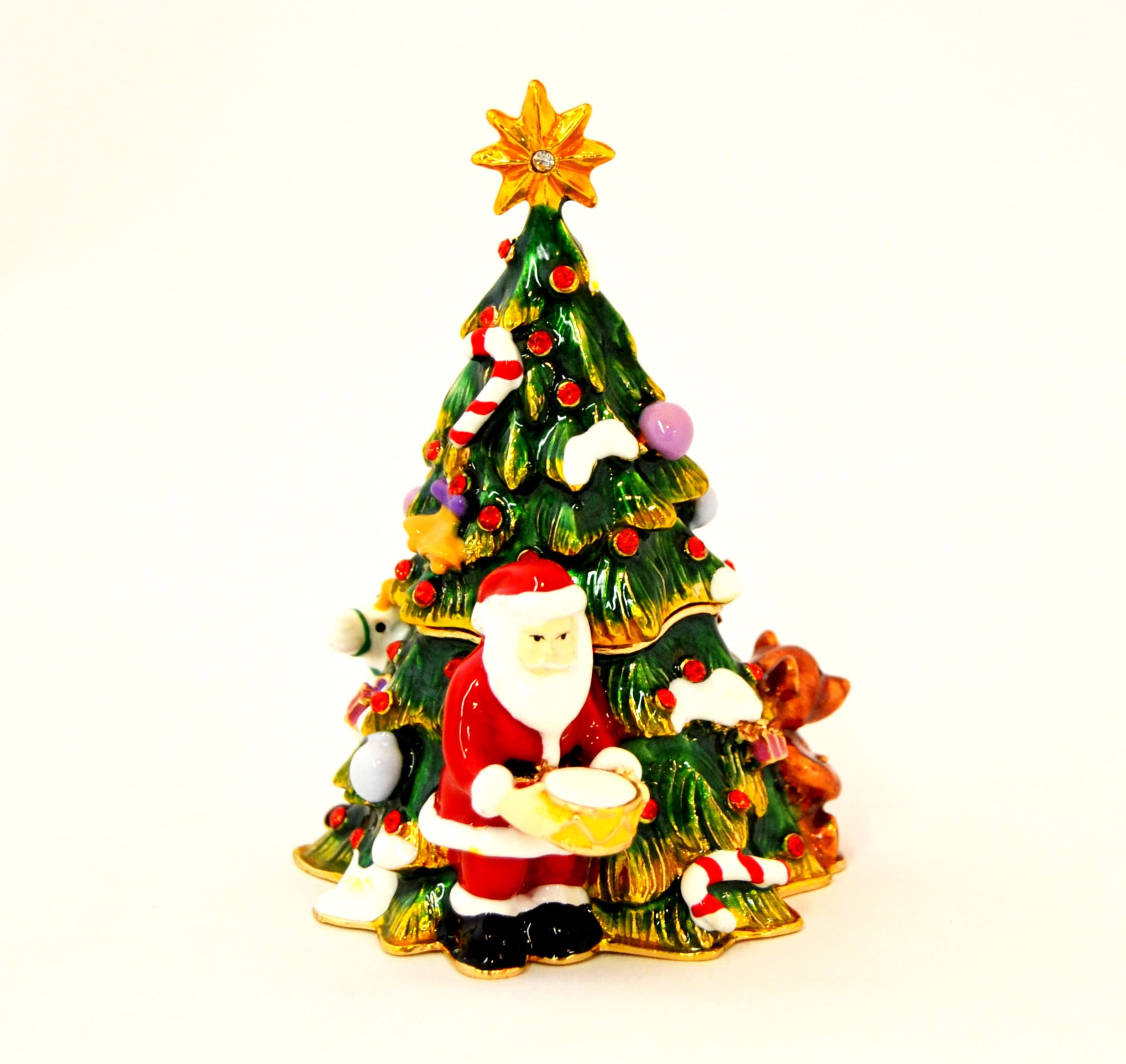 Ciel Collectables - Portagioie a forma di albero di Natale con Babbo Natale, orso e cavallo, smalto dipinto a mano, cristalli Swarovski incastonati a