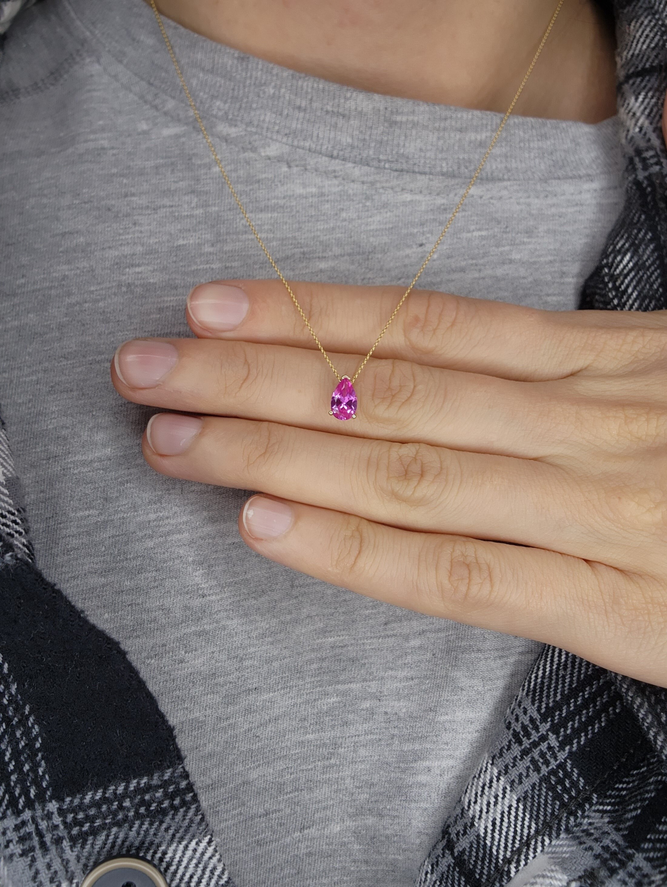 Collana a goccia in oro 14 carati con zaffiro rosa, pendente con zaffiro, collana con pietra portafortuna di settembre, collana in oro con zaffiro