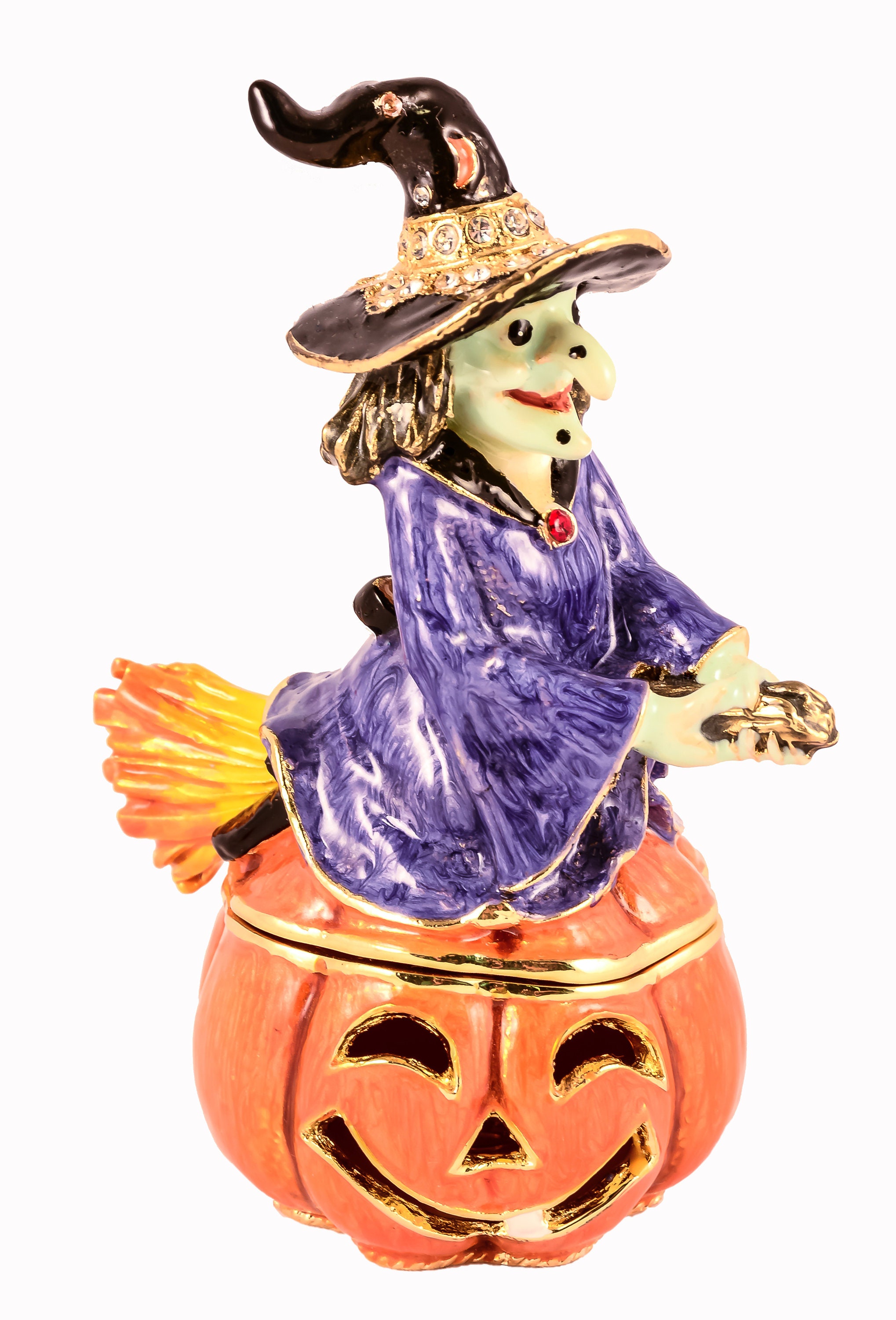 Portagioie con strega su zucca ingioiellata di Ciel Collectables. Smalto dipinto a mano e cristalli austriaci.