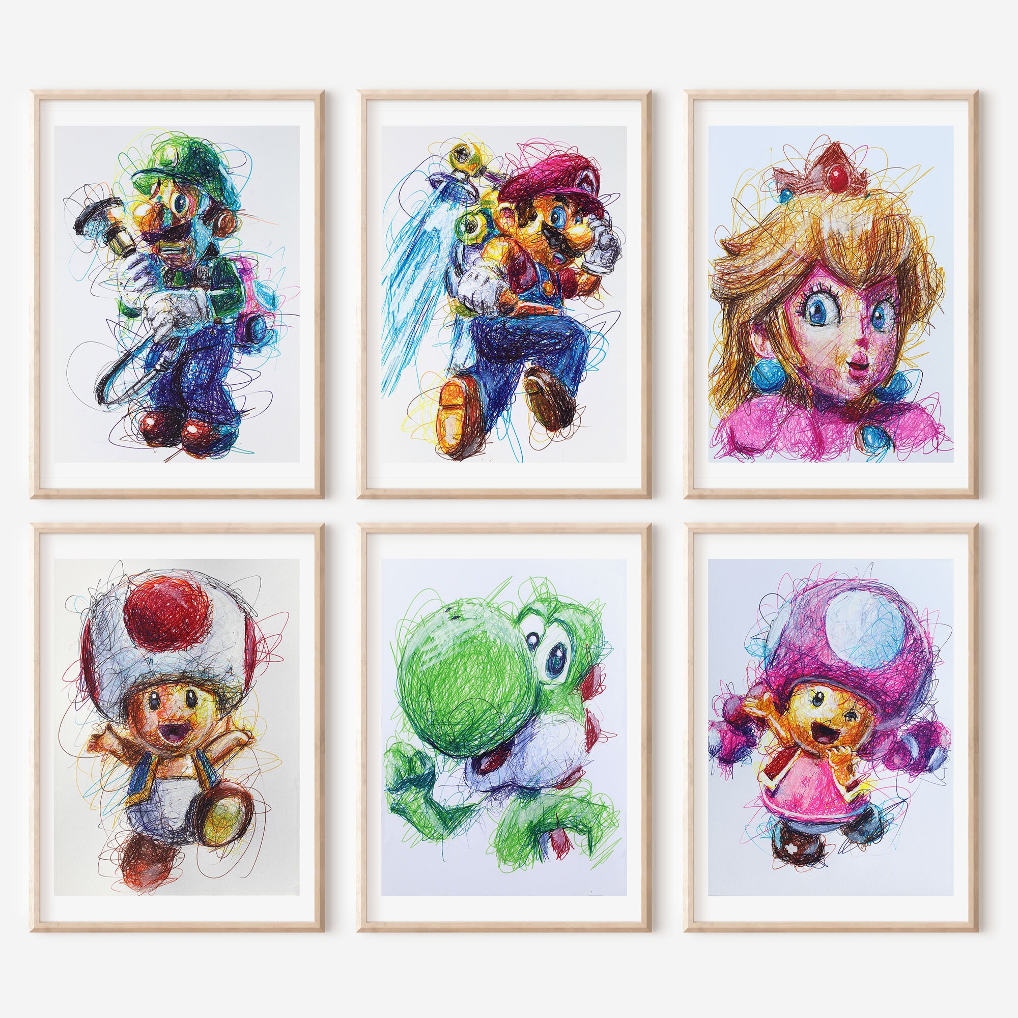 Set di stampe con penna a sfera Super Mario, arte di videogiochi, stampa artistica di Super Mario, stampa artistica di Nintendo, arte della principess