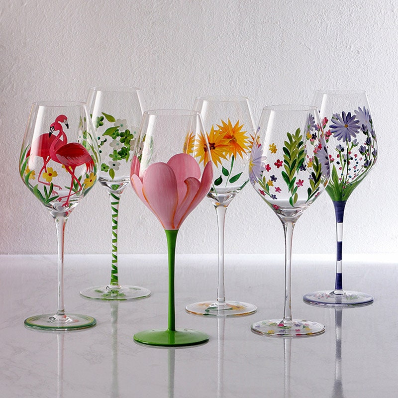 Bicchieri da vino dipinti, 2 bicchieri da vino rosso, bicchieri da vino soffiati a mano, calice, bicchieri personalizzati, bicchieri da vino primaveri