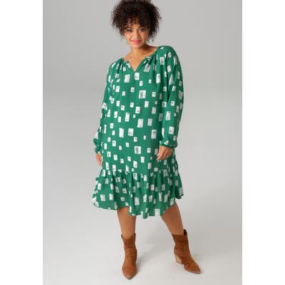 Sommerkleid ANISTON PLUS, Damen, Gr. 46, N-Gr, grün (grün, weiß), Web, Obermaterial: 100% Viskose, bedruckt, gemustert, casual, lässig geschnitten knieumspielend, V-Ausschnitt, Langarm mit Gummizug, Kleider, mit interessantem Muster Image