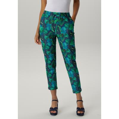 Schlupfhose ANISTON SELECTED, Damen, Gr. 38, N-Gr, grün (grün, gelb, hellgrün, petrol, marine, hellblau), Jersey, Obermaterial: 95% Polyester, 5% Elasthan, gemustert, bedruckt, casual, figurumspielend knöchelfrei, Hosen, mit großflächigem und... Image