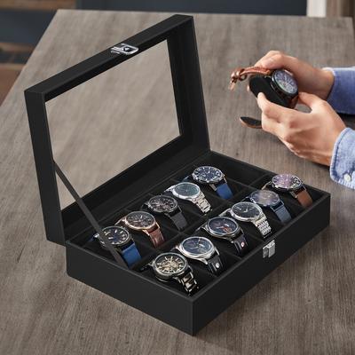 TEMU Watch Box With 12 Compartments, Watch Case With Glass Lid, Watch Case With Removable Watch Cushion, Metal Closure, Gift Idea, Black Pu Cover, Black Velvet Lining Image