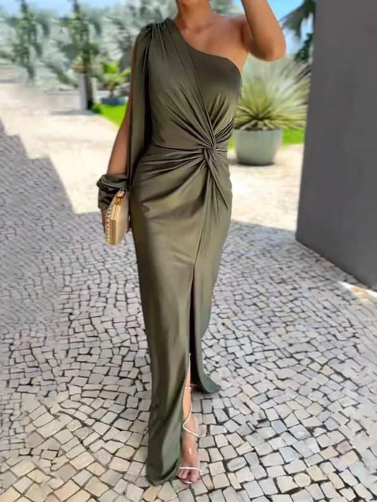 Abito da festa a maniche lunghe patchwork drappeggiato, abito lungo da donna alla moda con colletto obliquo estivo, abiti da donna sexy con una spalla