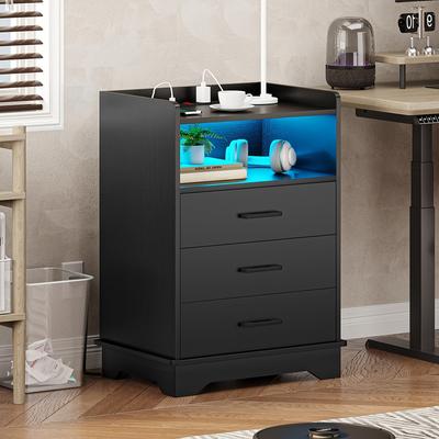 TEMU Nightstand With Charging Station And Led Light, Side Table With 3 Drawers And Open Storage, Black