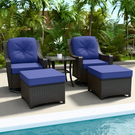 INTER HUT Stone Creek Patio Outdoor 5 Piece Wicker Conversation Swivel Chairs Set Ottomans Side Table Blue Cushions