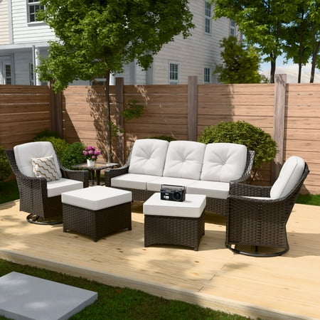 INTER HUT Stone Creek Patio Outdoor 6 Piece Wicker Swivel Chair Set 3-seat sofa Ottomans Side Table Beige Cushions