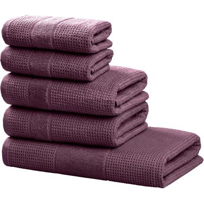 Handtuch Set MY HOME "Kimi, Duschtuch, Handtücher und Gästetücher", lila (beere), 5 tlg., Walkfrottee, Walkfrottee, Obermaterial: 100% Baumwolle, Handtuch-Sets, 100% Baumwolle, einfarbig, weich, mit Bordüre, besondere Struktur Image